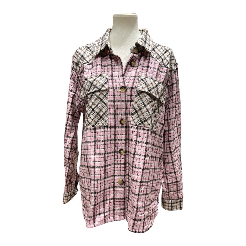 Umgee Women’s Pink Color Block Plaid Button Down Shirt Shacket New